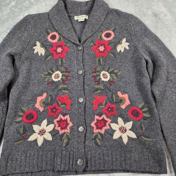 Vtg Eddie Bauer Cardigan Womens M Gray Wool Floral Embroidery Cottage Grannycore - Picture 4 of 7